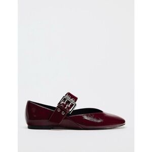 NWOT Zara Patent Mary Jane Flats with Buckle Strap in Burgundy